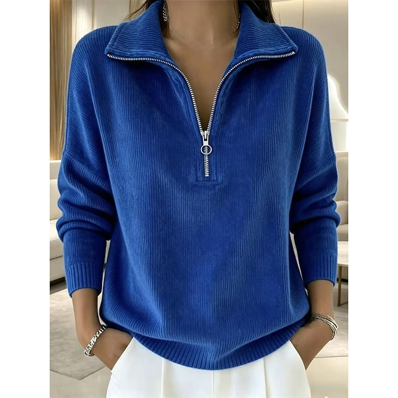Women's half-zip ribbed jumper with stand collar in blue