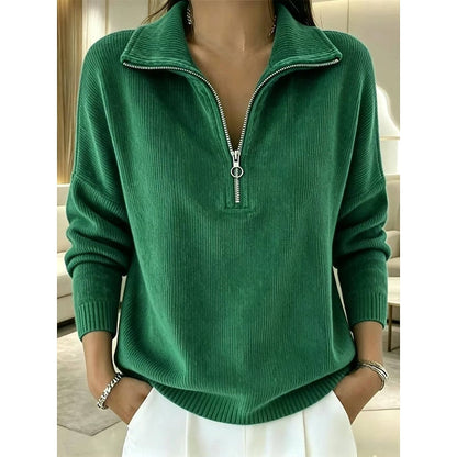 Women's half-zip ribbed jumper with stand collar in green