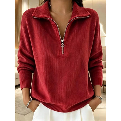 Women's half-zip ribbed jumper with stand collar in red