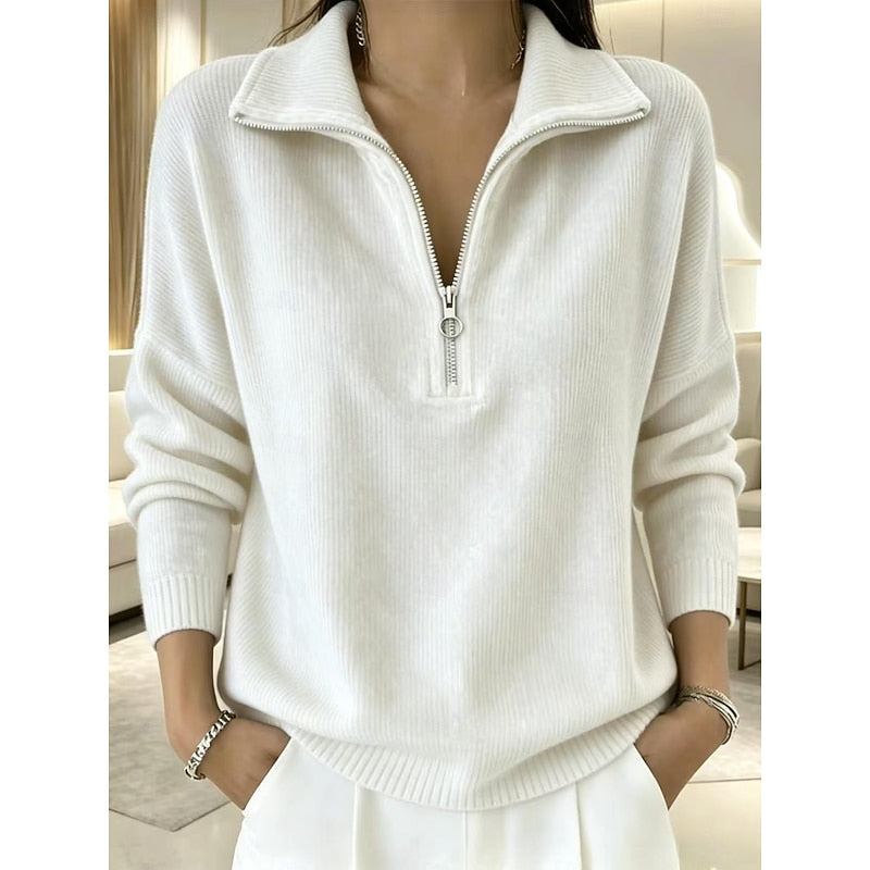 Women's half-zip ribbed jumper with stand collar in white