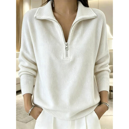 Women's half-zip ribbed jumper with stand collar in white