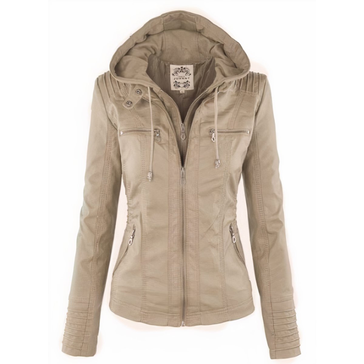 Women's hooded faux leather biker jacket in Beige
