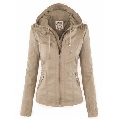 Women's hooded faux leather biker jacket in Beige