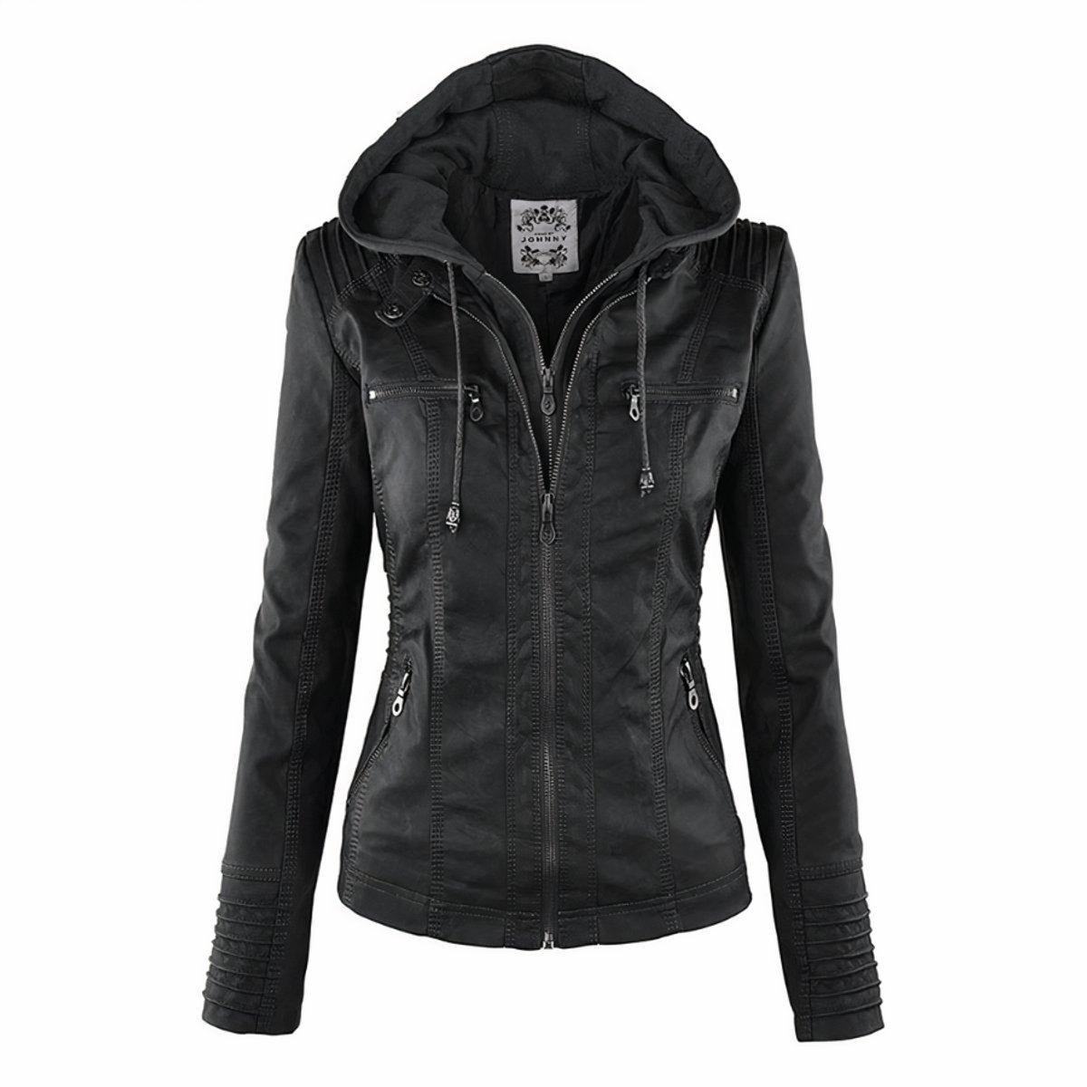 Women's hooded faux leather biker jacket in Black