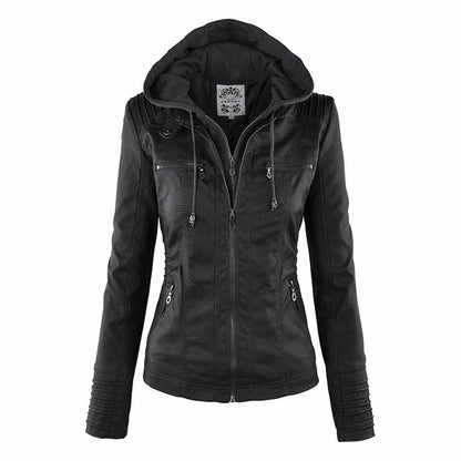 Women's hooded faux leather biker jacket in Black