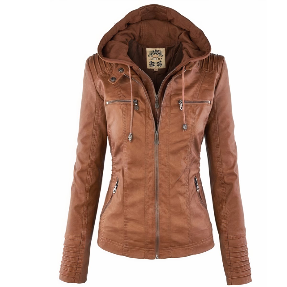 Women's hooded faux leather biker jacket in Brown