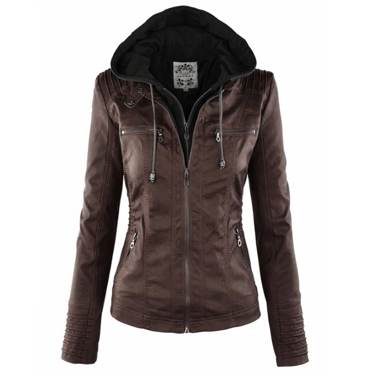 Women's hooded faux leather biker jacket in Dark Brown
