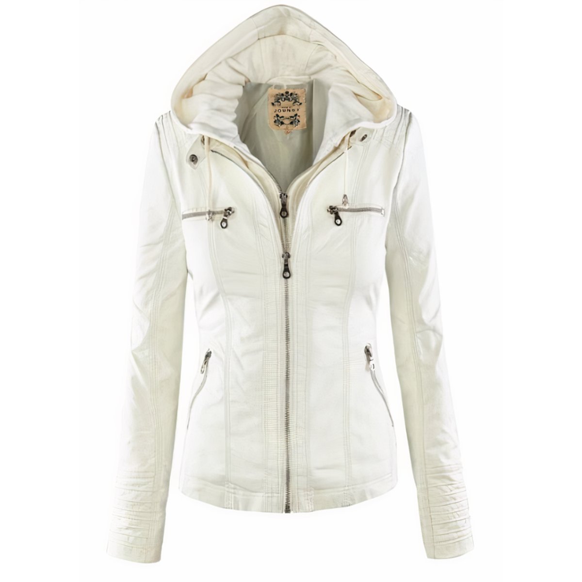 Women's hooded faux leather biker jacket in White
