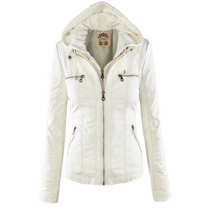 Women's hooded faux leather biker jacket in White