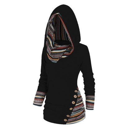 Women's black hooded knit jumper with geometric striped panel