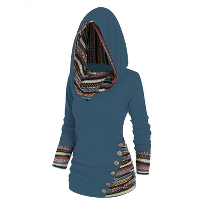 Women's blue hooded knit jumper with geometric striped panel
