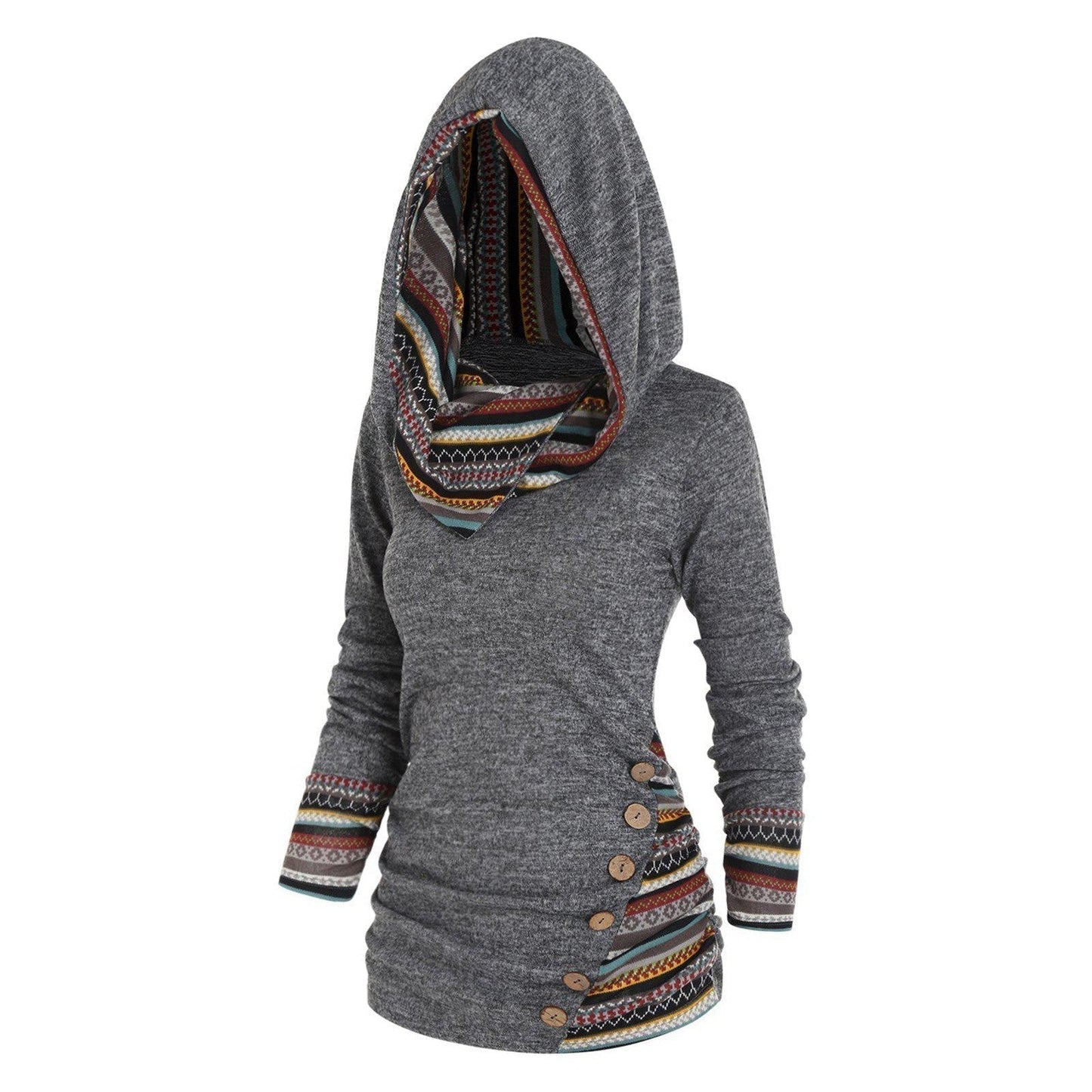 Women's grey hooded knit jumper with geometric striped panel