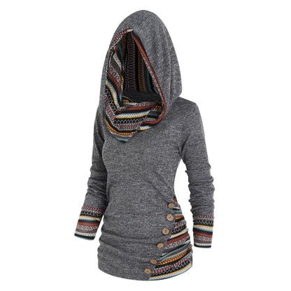 Women's grey hooded knit jumper with geometric striped panel
