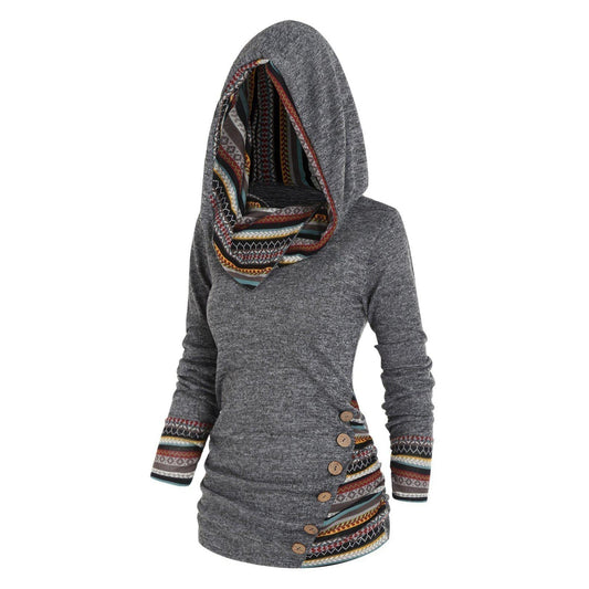Women's grey hooded knit jumper with geometric striped panel