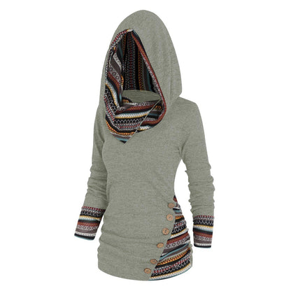 Women's light grey hooded knit jumper with geometric striped panel