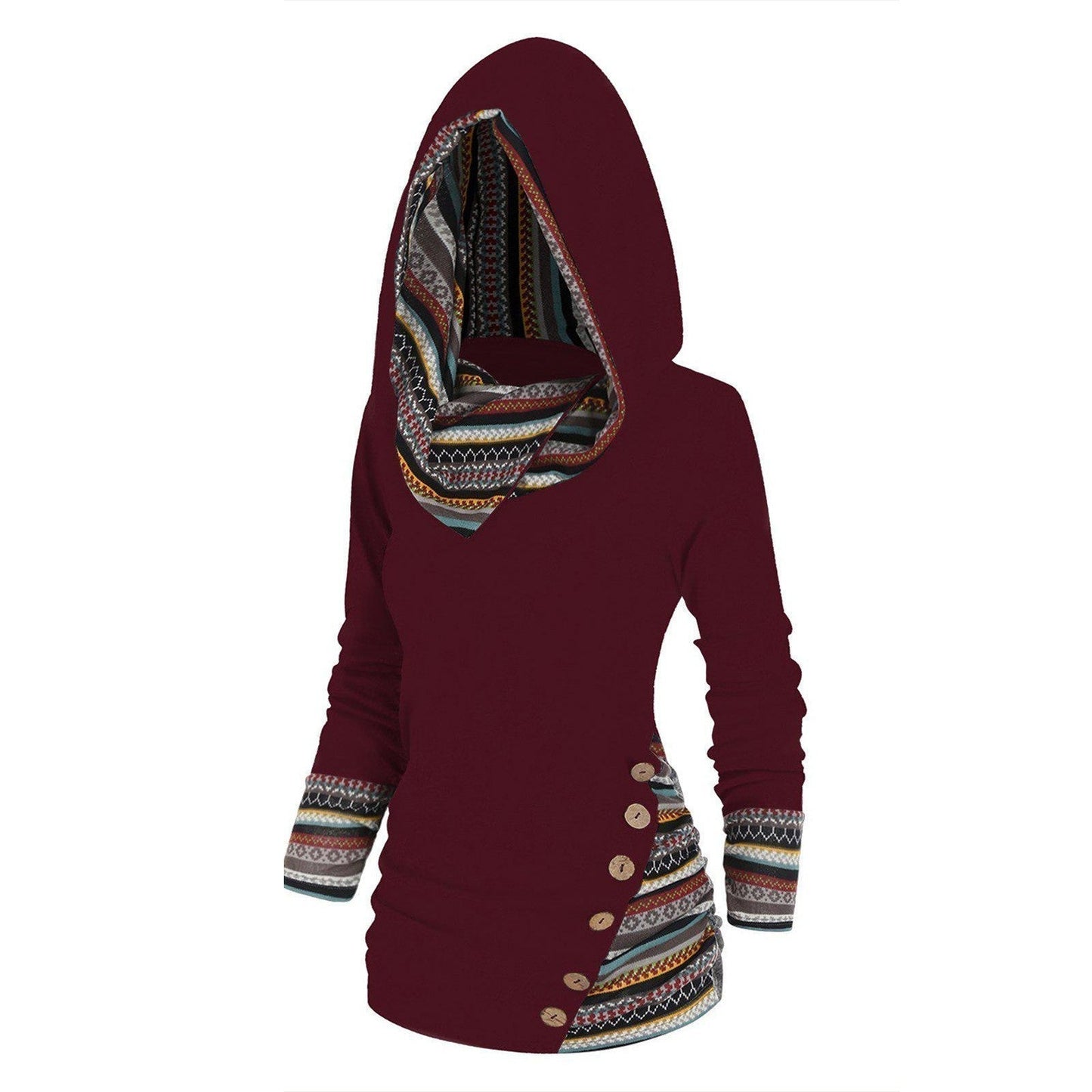 Women's red hooded knit jumper with geometric striped panel