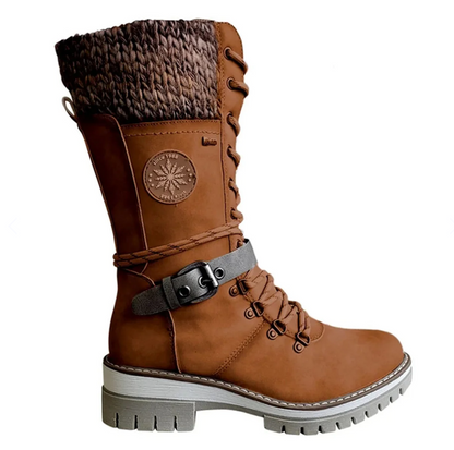 Women's brown knee-high winter boots with side zip