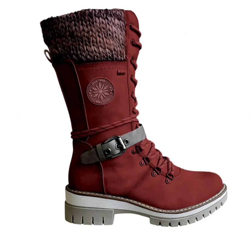 Women's red knee-high winter boots with side zip
