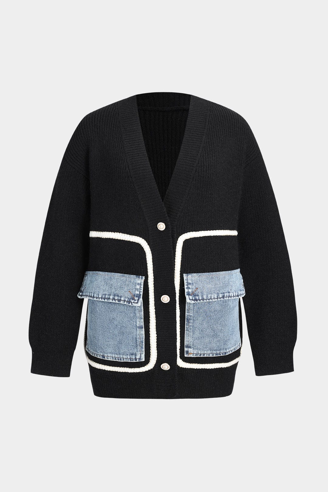 Women's knitted cardigan in black with denim pocket detail, front view