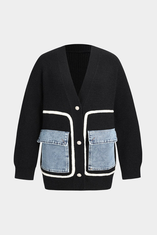 Women's knitted cardigan in black with denim pocket detail, front view