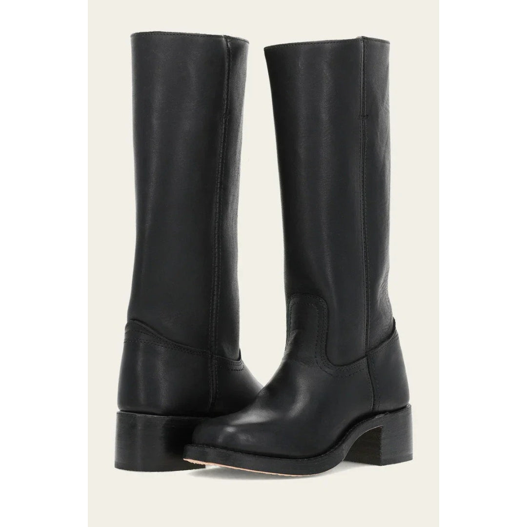 Women's black leather-look calf boots, pull-on with stacked heel