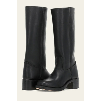 Women's black leather-look calf boots, pull-on with stacked heel