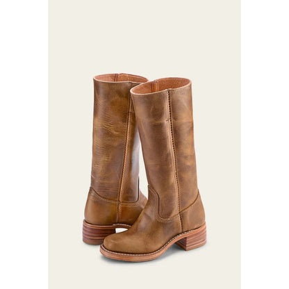 Women's brown leather-look calf boots, pull-on with stacked heel