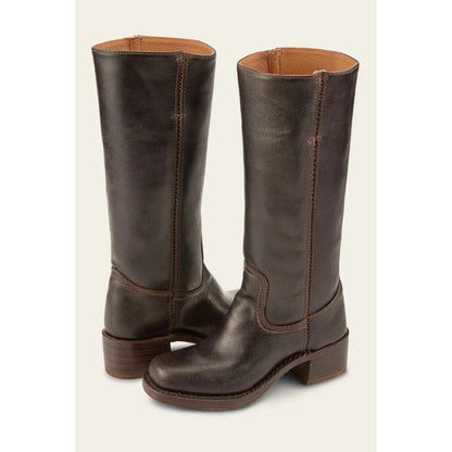 Women's dark brown leather-look calf boots, pull-on with stacked heel