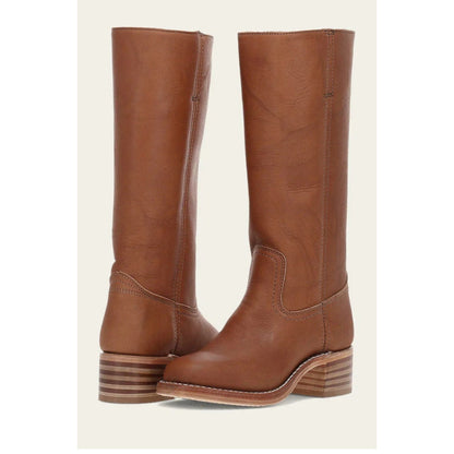 Women's light brown leather-look calf boots, pull-on with stacked heel