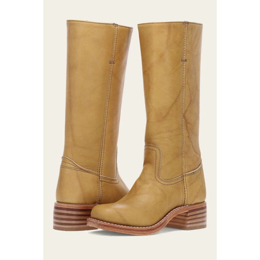 Women's yellow leather-look calf boots, pull-on with stacked heel