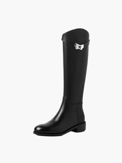 Women's tall black leather-look riding boots with a metal clasp at the shaft top