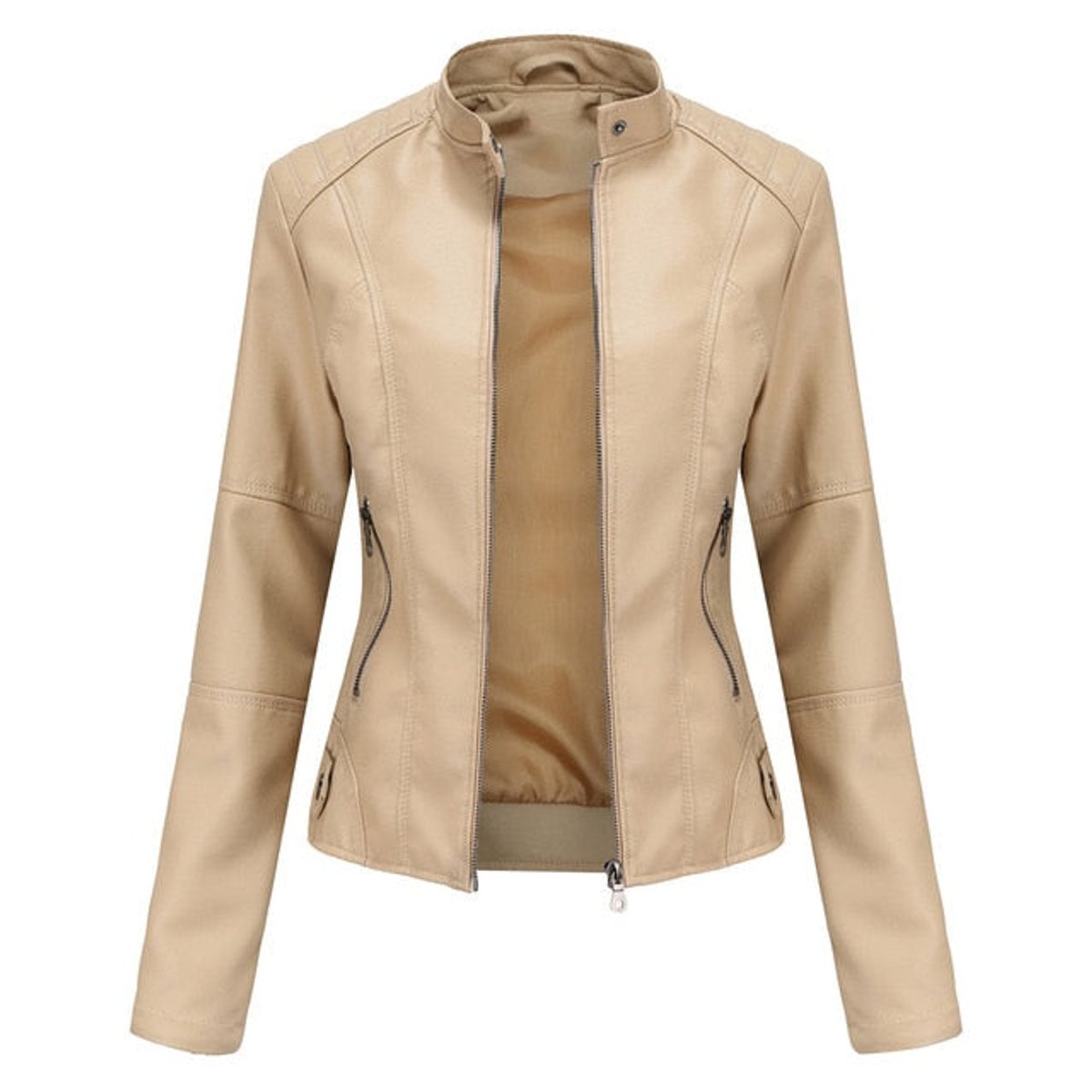Women's mock-neck faux leather jacket in Beige