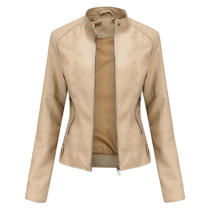 Women's mock-neck faux leather jacket in Beige