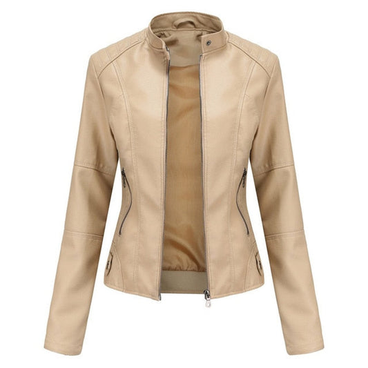 Women's mock-neck faux leather jacket in Beige