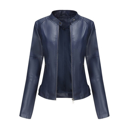 Women's mock-neck faux leather jacket in Blue