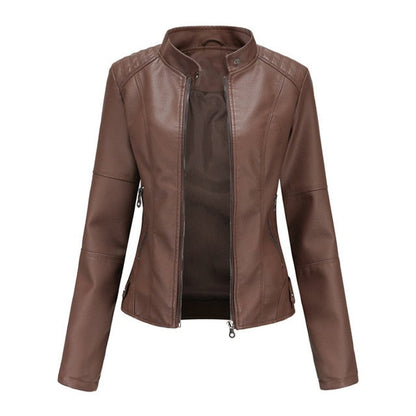 Women's mock-neck faux leather jacket in Brown