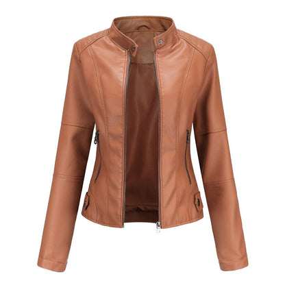 Women's mock-neck faux leather jacket in Red Brown