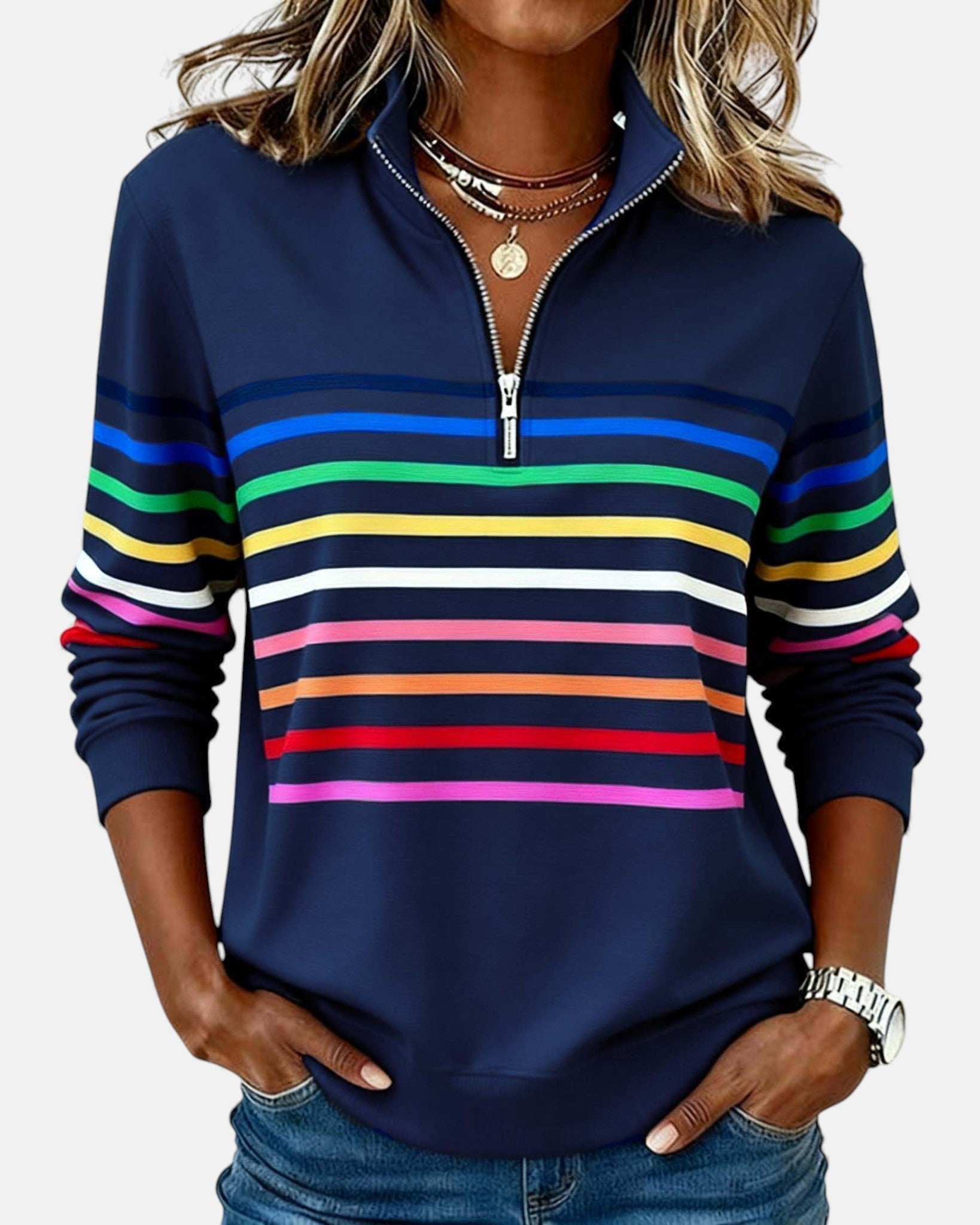 Women's quarter-zip striped rainbow jumper in navy blue