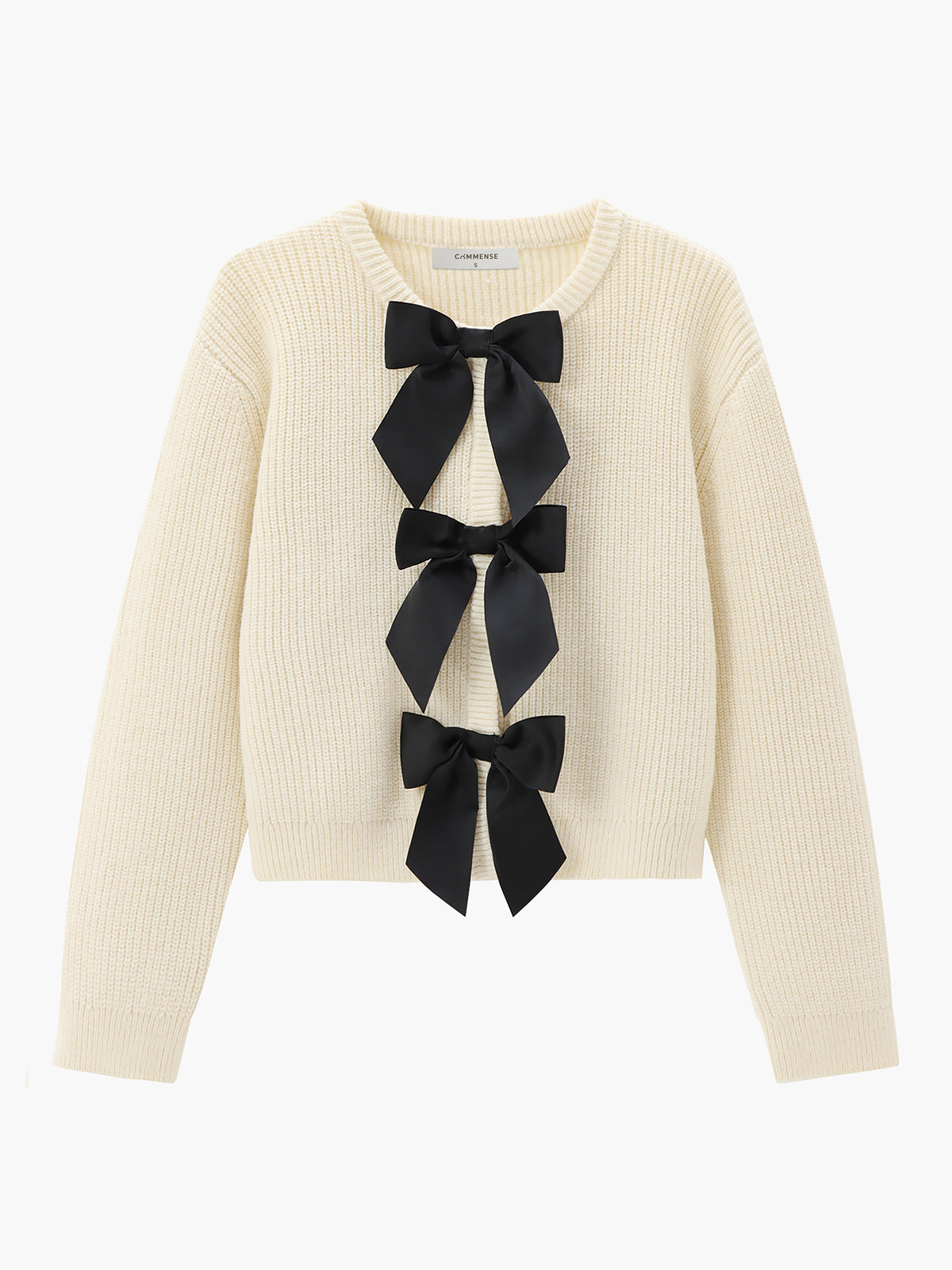 Women's ivory ribbed open-front cardigan with three black satin bow ties