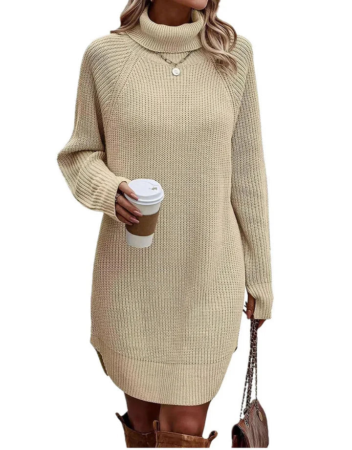 Women's roll-neck knitted jumper dress in beige