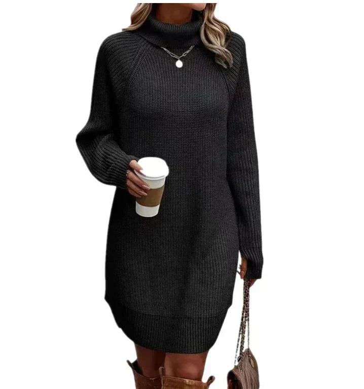 Women's roll-neck knitted jumper dress in black