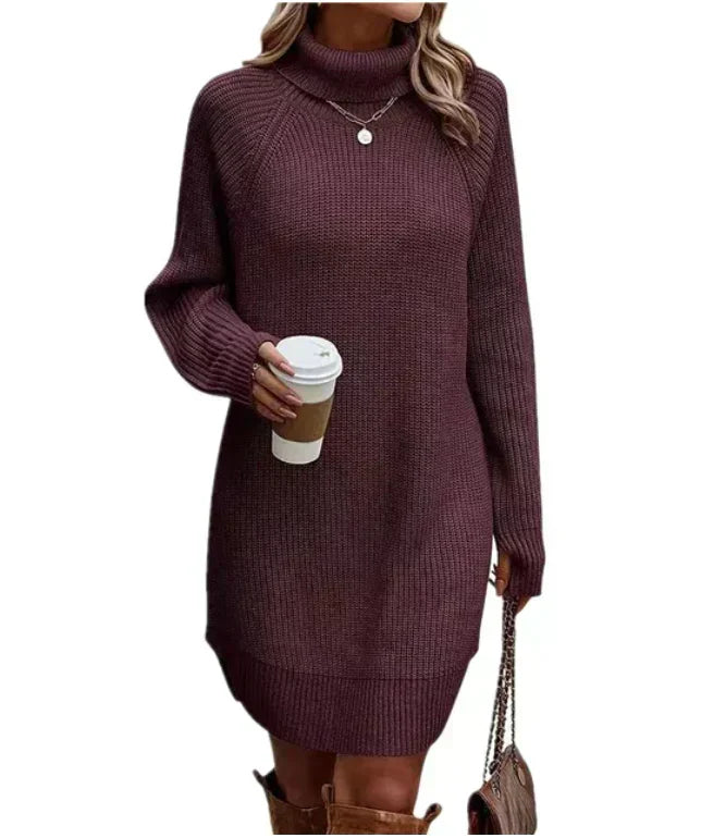 Women's roll-neck knitted jumper dress in burgundy