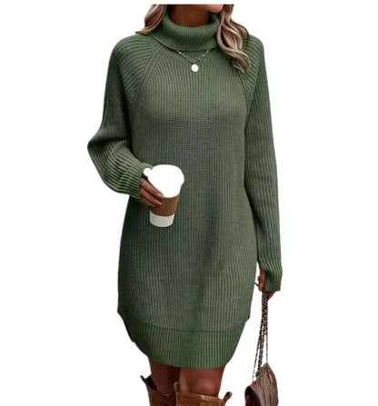 Women's roll-neck knitted jumper dress in green