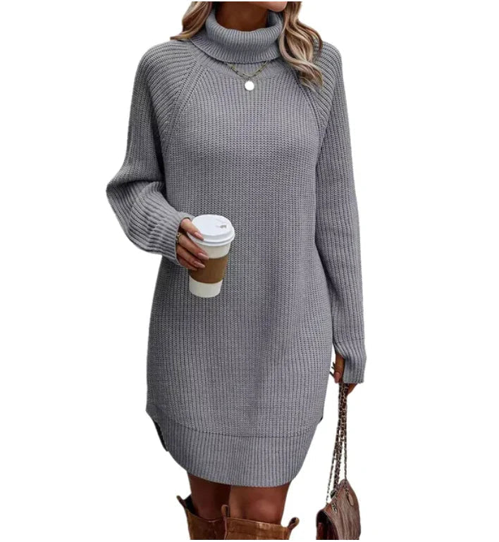Women's roll-neck knitted jumper dress in grey
