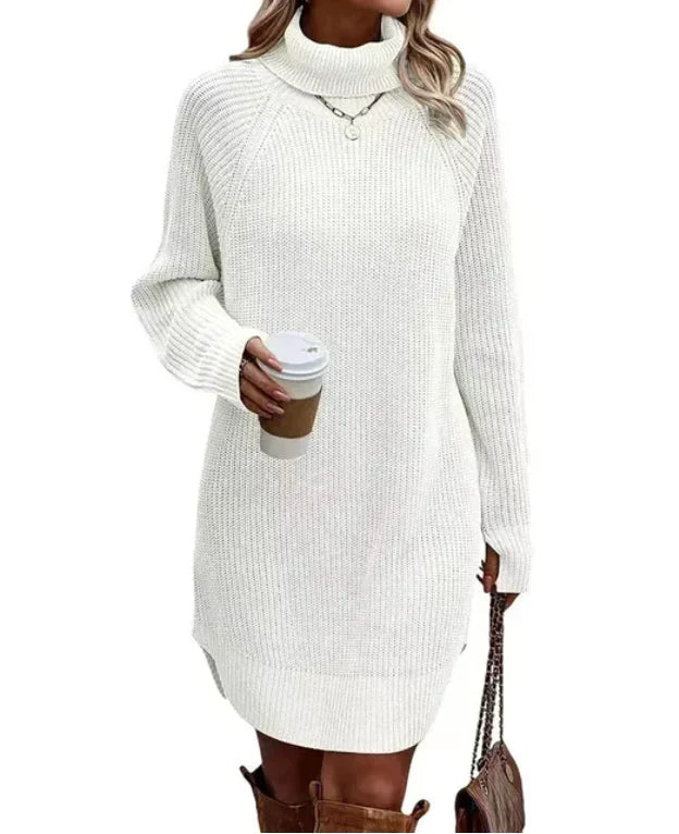 Women's roll-neck knitted jumper dress in white