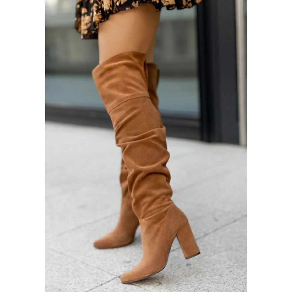 Women's brown ruched over-knee boots with block heel