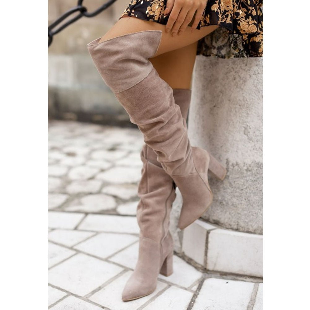 Women's light grey ruched over-knee boots with block heel
