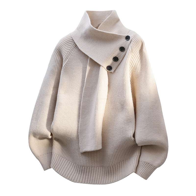 Women's beige scarf-neck jumper with draped cowl collar