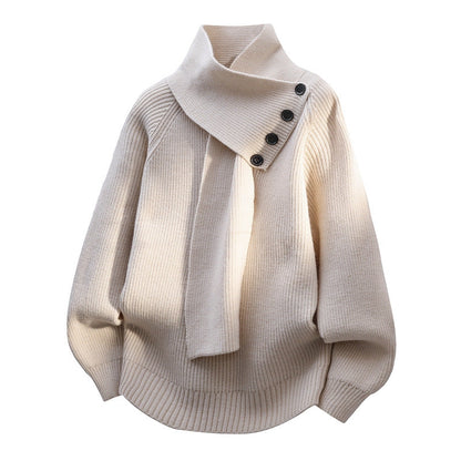 Women's beige scarf-neck jumper with draped cowl collar