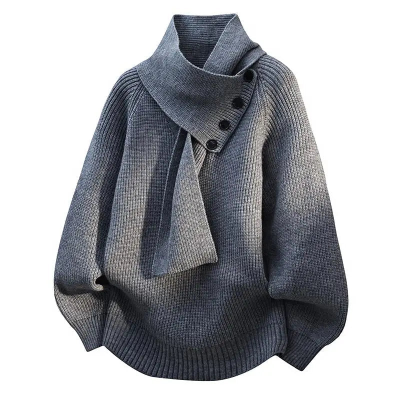 Women's grey scarf-neck jumper with draped cowl collar